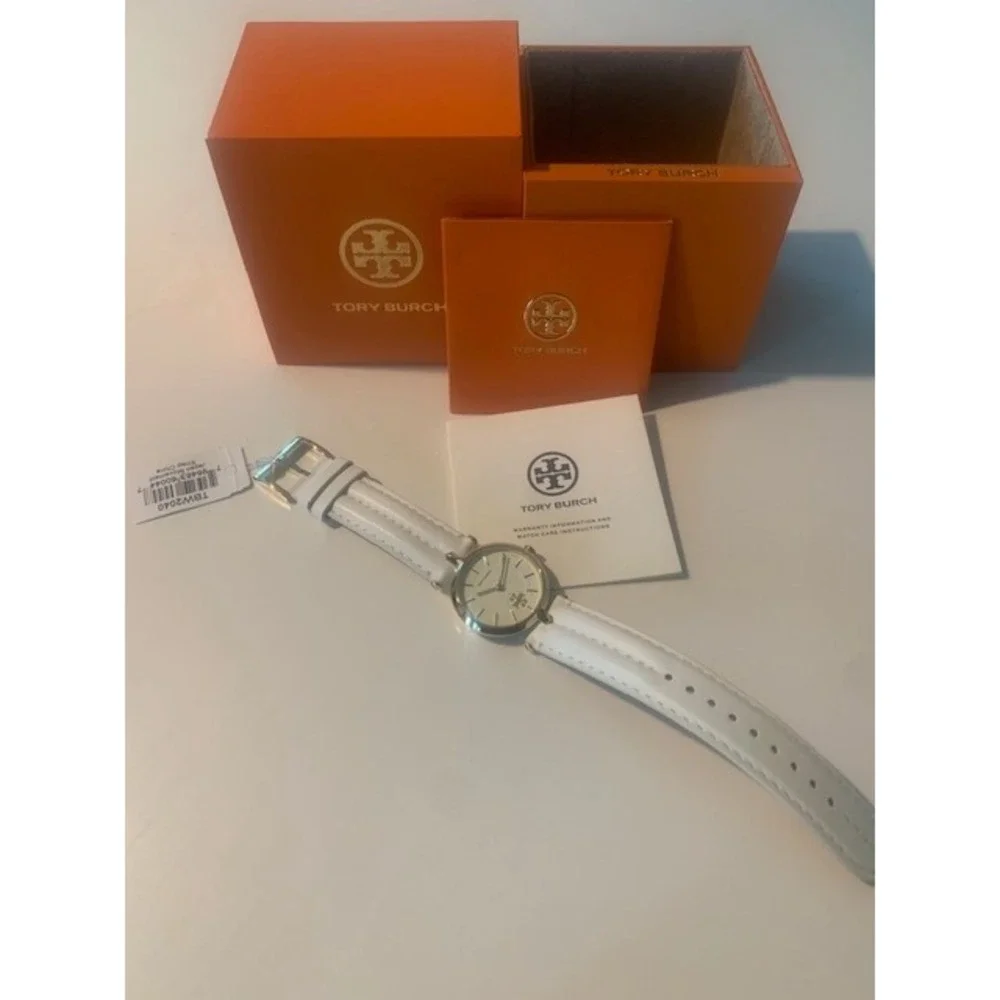 Tory Burch TBW2040 Gold Tone White Leather Band‎ Logo Dial Women's Watch NIB